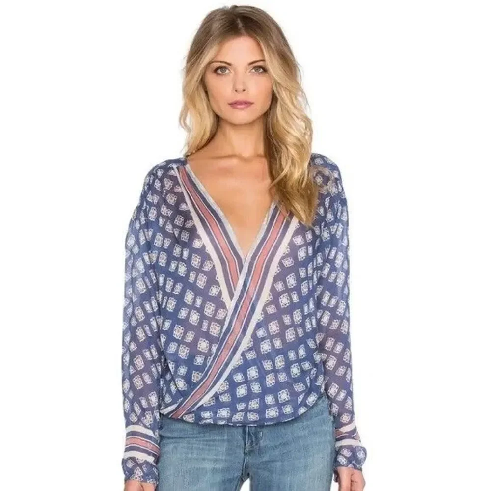 Free People Before Dawn Blouse Small Wrap Twist Sheer Boho Aztec Print